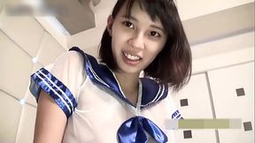 Pregnant Asian beauty gives blowjob and rides cock in sexy cosplay