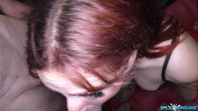 Redhead Chick with Amazing Mouth Skills Pleasing a Bunch of Dicks