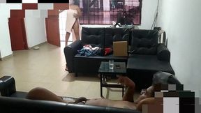 sex in the living room with my step brother, a friend arrives and discovers us at my parents  house