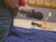 Huge Load Sprays Across Bed with Jerk Off Machine