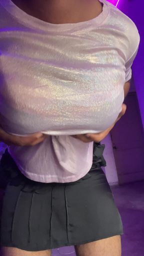 shiny pink top big boobs tight skirt indian crossdresser