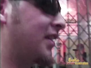 Kinky guy lets a redhead wench joy his wang in the dungeon