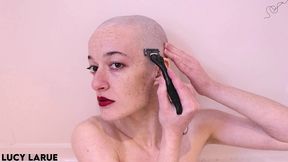 red lips and a razor candid bald girl head shave
