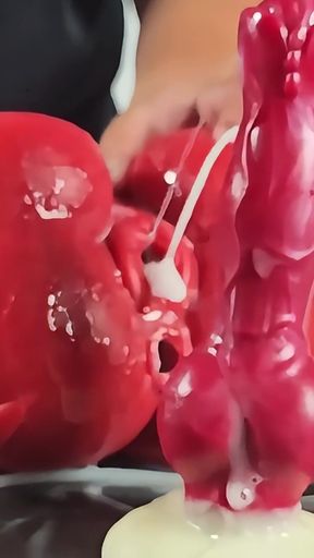 Amateur with red attire plays with a mixed race hentai sex doll
