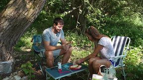 European wife enjoys dirty talk while camping