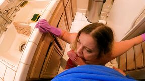 stepmom in the kitchen helps stepson with his boner