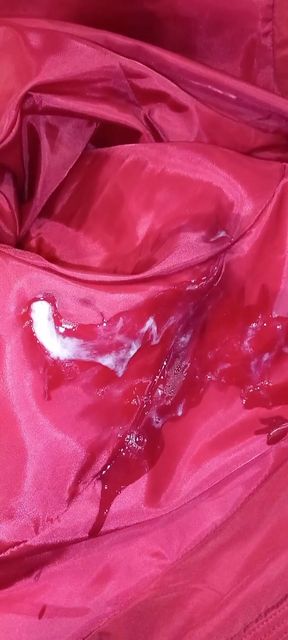 4 cumshots on the sweet lining of a red lady puffer coat