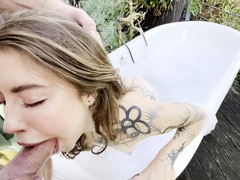 POV amateur video of redhead girl giving outdoor blowjob