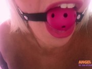 Tranny caged in chastity strapped in a tight gag awaits her daddy