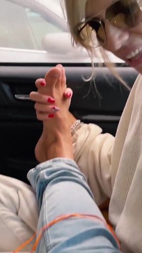 Unforgettable moment from &quot;Blonde MILF Licks the Driver&#039;s Feet and Sniffs Socks. Foot Fetish Car. Deepthroat for toes!&quot;
