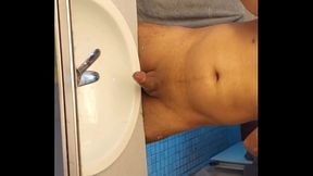 masturbation and ejaculation lots of cum in the sink with water in slow motion