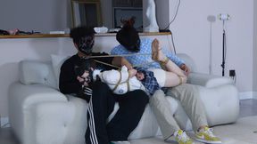 bt4-Two rope bondage workers tickled the girl's feet.
