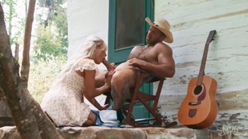 Busty Blonde Tgirl Seduces a Cowboy in Overalls and Takes Him Deep Outdoors