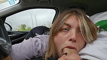 Babe sucks stepbrother's big cock in the car