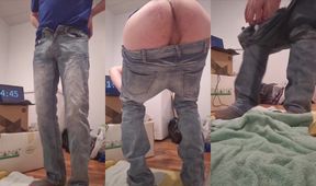 Gay desperation wetting ass spanking holding challenge failed with pee soaked jeans