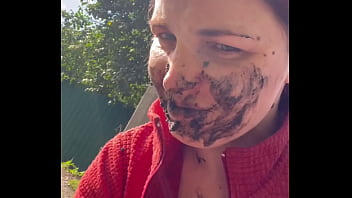 Licking mud, spit from path, walking with dirt on face and tits