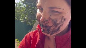 Licking mud, spit from path, walking with dirt on face and tits