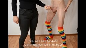 Chubby MILF humiliates him with ballbusting and ruined orgasm