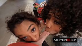 Black milf Misty Stone and stepdaughter Sarah Lace in hot Christmas family threesome