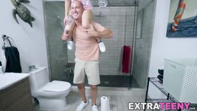 Naughty petite bouncing on huge dick until a big facial