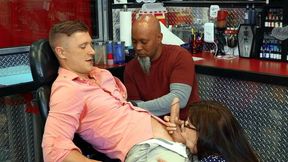 Free XXX blowjob given by GF distracts boy during visit in tattoo studio