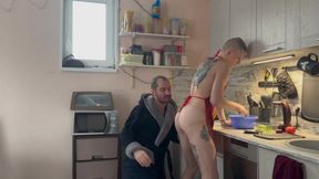 #436 Stepdad Woke up and Saw Naked Stepson Making Breakfast in the Kitchen, Fucked Him Right on the