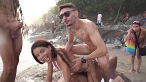 Sandy Swingers: Bianca DANTAS gets banged hard by many dudes on a flooded beach, with 3-on-1 anal&#x1F44C; action