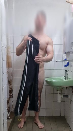 Shaving chest and cock in shower