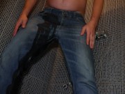 Guy pee clothed in his jeans fully wet solo homemade