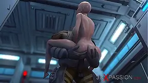 Young Beauty Tempted by Giant Alien in Mars Colony Night