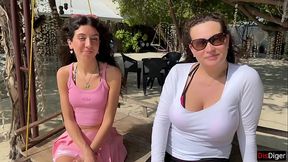 Public Pickup Stepmom and Stepdaughter on Beach - Risky Dick Flashing Cum on Face