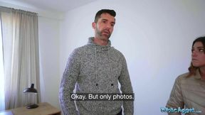 Public Porn Tight Spanish babe gives blowjob and fuck behind husbands back