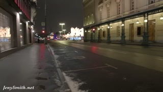 Jeny Smith naked in snow fall walking through the city