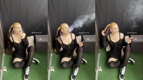 Smoking and sneakers. Black and white vans, Black dress with cleavage, thigh high socks - Smokingrapunzel - Smokingfetish