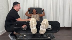 Tickling Lady Phoenix in the Tickling Chair's Stocks While She Laughs and Fights Back