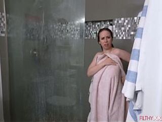 Stepmom Jackie Hoff caught her stepson spying on her during the time that shes in the shower.The brunette hair mother i'd like to fuck lets him touch her large tit and screw her bald cunt.