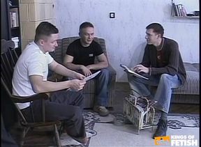 Guy sucks the agent while a girl gets fucked and three men blow each other