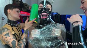 princess latex rubber doll mummified and edged while standing