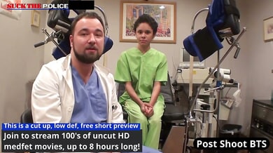 Latina doctor in scrubs performs an intimate exam on her male patient in the clinic