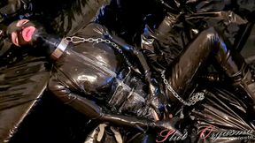 Slave slut-Orgasma Celeste in latex drool squirting on black dildo