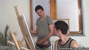 Two young artists share mature model with massive boobs