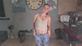 Brunette explaining every tattoo piece on her rocking body.