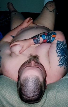 Superchub playing with his small uncut cock, with cumshot