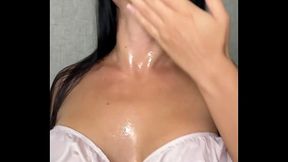 Oiled up brunette MOM gives sloppy blowjob and rides cock