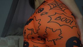 My big ass Latina stepsister in Halloween yellow leggings shows off her big ass and masturbates to orgasm, then plays with her big tits and cameltoe pussy