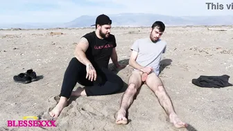 Curious straight twink gets his first gay blowjob on the beach