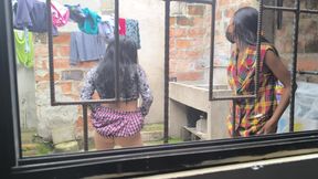 My brunette neighbor watches me while I do the laundry and touches my tits.
