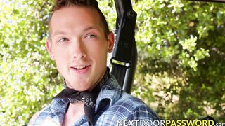 Hunky gay rides his friends cock raw after blowjob outdoor