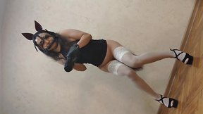 Submissive sissy bimbo in pony harness and training