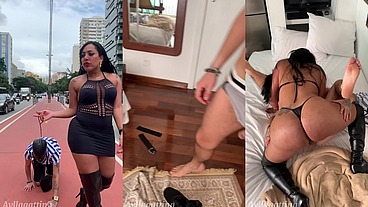 Travesti do pauzão arrastando seu submisso homem Trans pela paulista e deixando ele com a buceta bem arromba